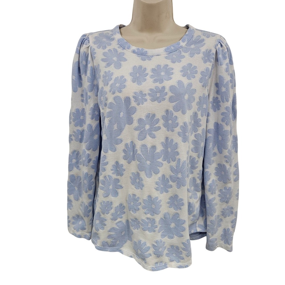 Loft Outlet knit top Women M White Blue Daisy Floral Feminine Preppy Cottagecore